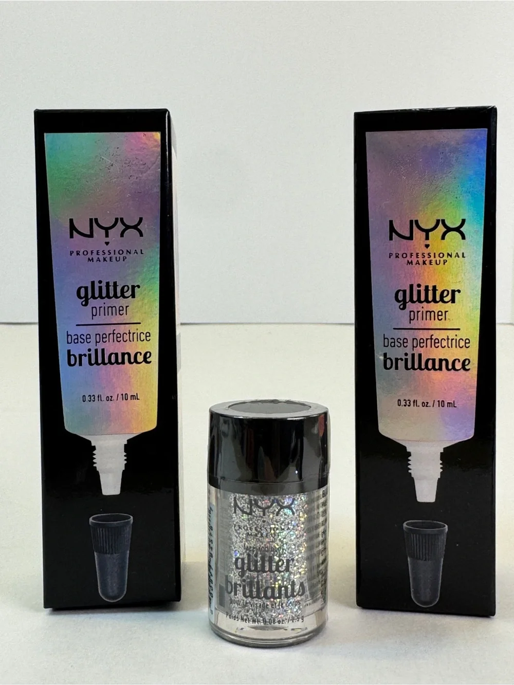NYX Glitter Primer Lot of 2 + NYX Face & Body Loose Glitter Holographic Silver